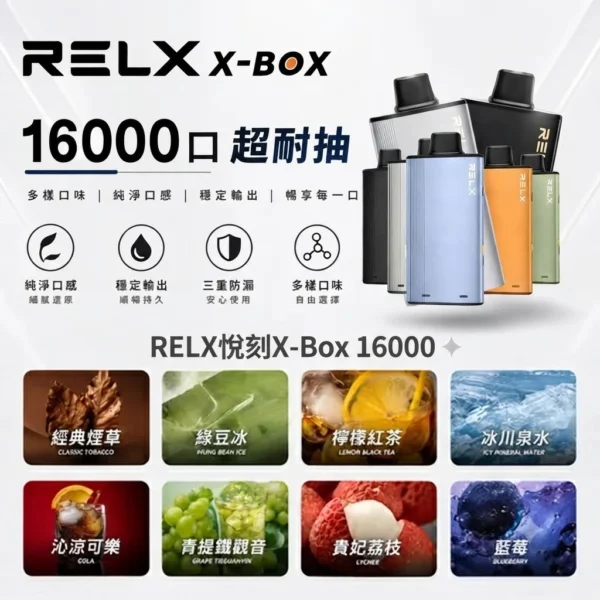 RELX-X-box-16000-RELX拋棄式16000口-RELX電子煙官網 RELX 悅刻 X-BOX 16000口 換彈拋棄式電子煙套裝|12W-16W雙段功率調節 Mesh網狀芯 3%丁鹽,台灣現貨正品快速出貨
