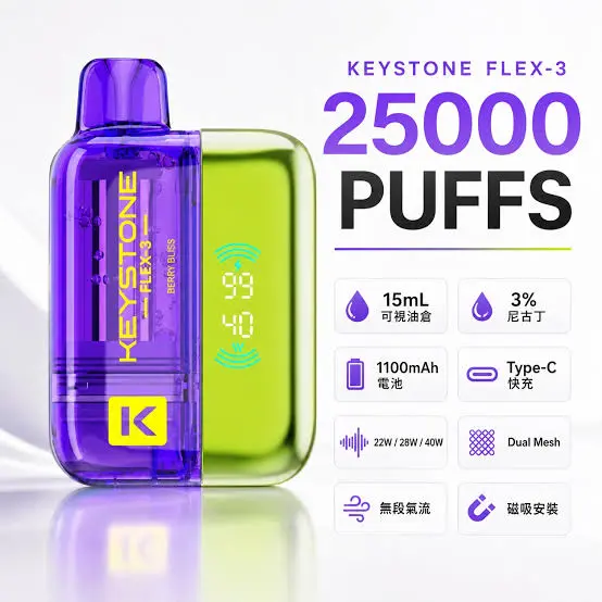 images 【買一盒煙彈送主機】KEYSTONE FLEX-3 鑰石 25000口 磁吸換彈拋棄式電子煙套裝|15ml透明油艙 22W/28W/40W三段功率 1100mAh大電池,台灣現貨正品快速出貨